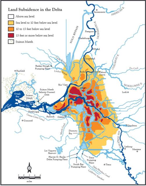 Land subsidence in the Sacramento-San Joaquin Delta. Yellow is 0-10 feet, orange is 10-15 feet, red is more than 15 feet. Image via http://www.ppic.org/content/pubs/report/R_207JLR.pdf 