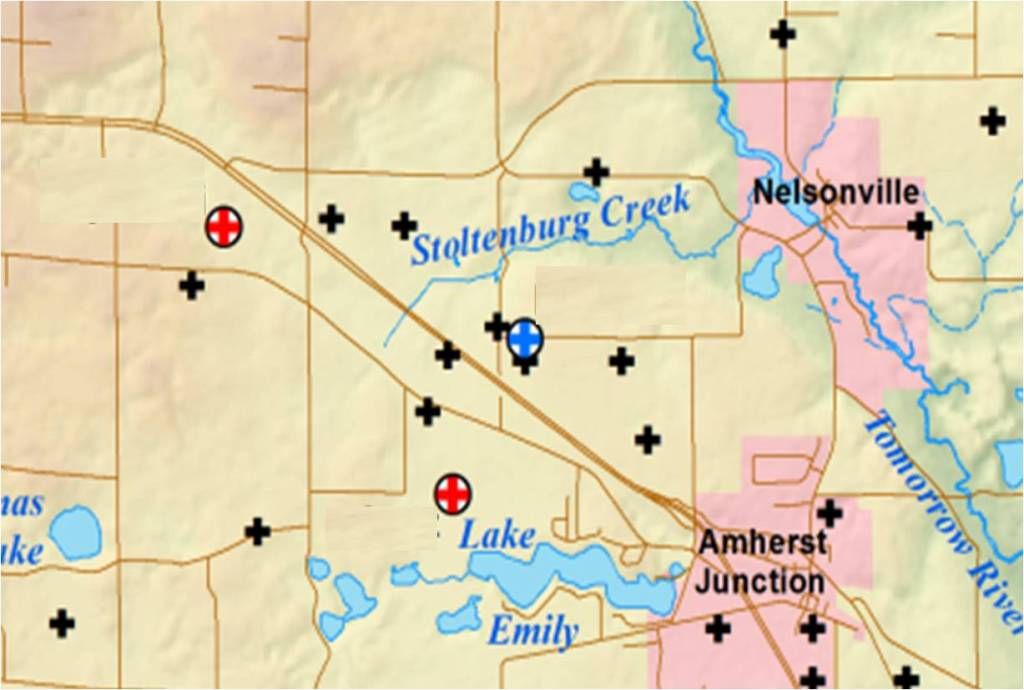 High capacity wells (crosses) in the vicinity of Stoltenberg Creek. Two new high caps are proposed (red). The blue cross is the replacement well.